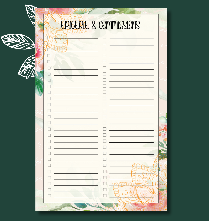 Liste d'épicerie Roses Boho