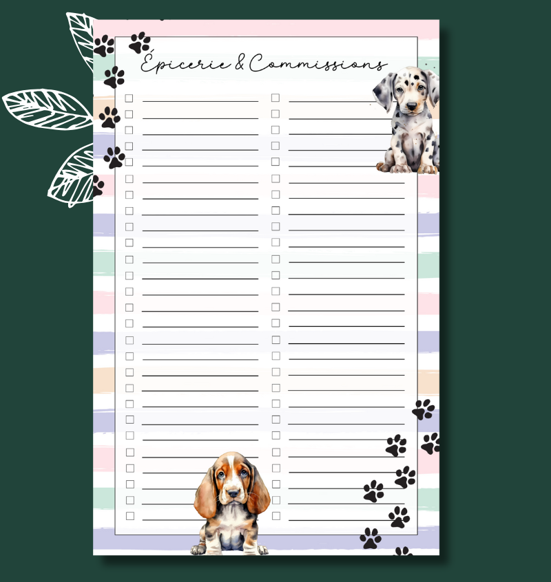 Liste d'épicerie Chiots
